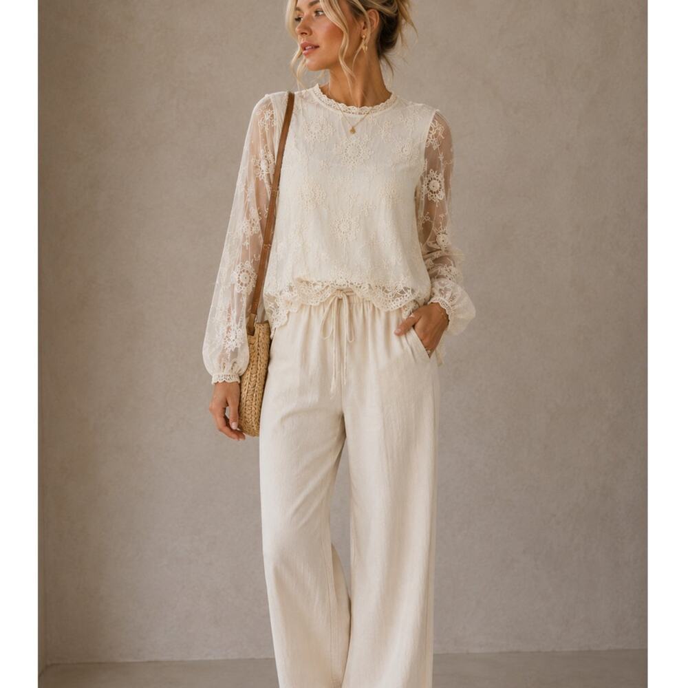 Chicos Cream Crochet Sheer Long Sleeve Blouse Womens M Boho Festival Hippie